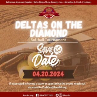 Step up to the ⚾️ 🔶️ plate for community and camaraderie🫱🏿‍🫲🏾! 

The Baltimore Alumnae Deltas are swinging into action, hosting  a softball tournament that is more than just a game,  it's a grand slam event to bring community teams together for some friendly competition, laughter, and lasting memories. 

Save the date for 04.20.2024, and let's hit it out of the park for a great cause! Remember, this is a PUBLIC EVENT! Reach out to 2ndvice@bacdst.org with inquiries.

#DeltaSigmaTheta #EasternRegionDST @EasternRegionDST #DeltasSoftball #CommunityUnity #PlayBall #BaltimoreEvents #Baltimore @mayorbmscott @recnparks