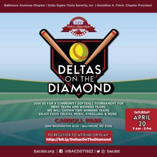 Saved the date, and now we've got the deets! ⚾🎉 Get ready to hit it out of the park at the 'Deltas on the Diamond' community softball tournament!

Whether you're swinging for the fences or cheering from the sidelines, join us for a day filled with sportsmanship and spirit at Carroll Park on April 20th. Sign your team up by clicking the link in our bio or https://linktr.ee/BaltimoreAlumnae

Don't miss out on the fun, food trucks, music, and more. Let's play ball! 
#DeltasOnTheDiamond #CommunitySpirit #SoftballTournament #BaltimoreEvents #Baltimore #DeltaSigmaTheta #EasternRegionDST @mayorbmscott @baltcouncil @recnparks