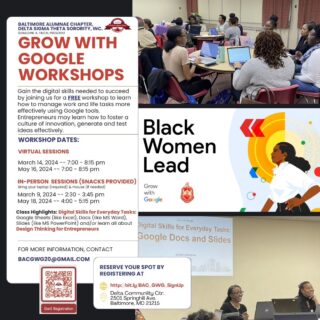 🌟 Exciting Learning Opportunity! 🌟

The Baltimore Alumnae Chapter is proud to present the #GrowwithGoogle Workshop series. This is your chance to gain essential digital skills for FREE!

🔺️ Enhance your work and life management
🔺️ Foster innovation and idea testing
🔺️Specialize in Google tools like Docs, Sheets, and Slides

🗓️ Workshop Dates:
✔️Virtual Sessions: March 14 & May 16, 2024 | 7:00 - 8:15 pm
(Bring your laptop (required) and mouse (if needed))

✔️ In-Person Sessions (with SNACKS 🍪): March 9 & May 18, 2024

Don't miss out on learning how to lead in the digital world. 💼💡

Save your spot now by registering via the link in bio or https://linktr.ee/BaltimoreAlumnae

#GrowWithGoogle #DigitalSkills #FreeWorkshop #BlackWomenLead #Innovation #Entrepreneurship #DeltaSigmaTheta #EasternRegionDST  #BACDST1922 #blackwomenintech #BaltimoreEvents @google